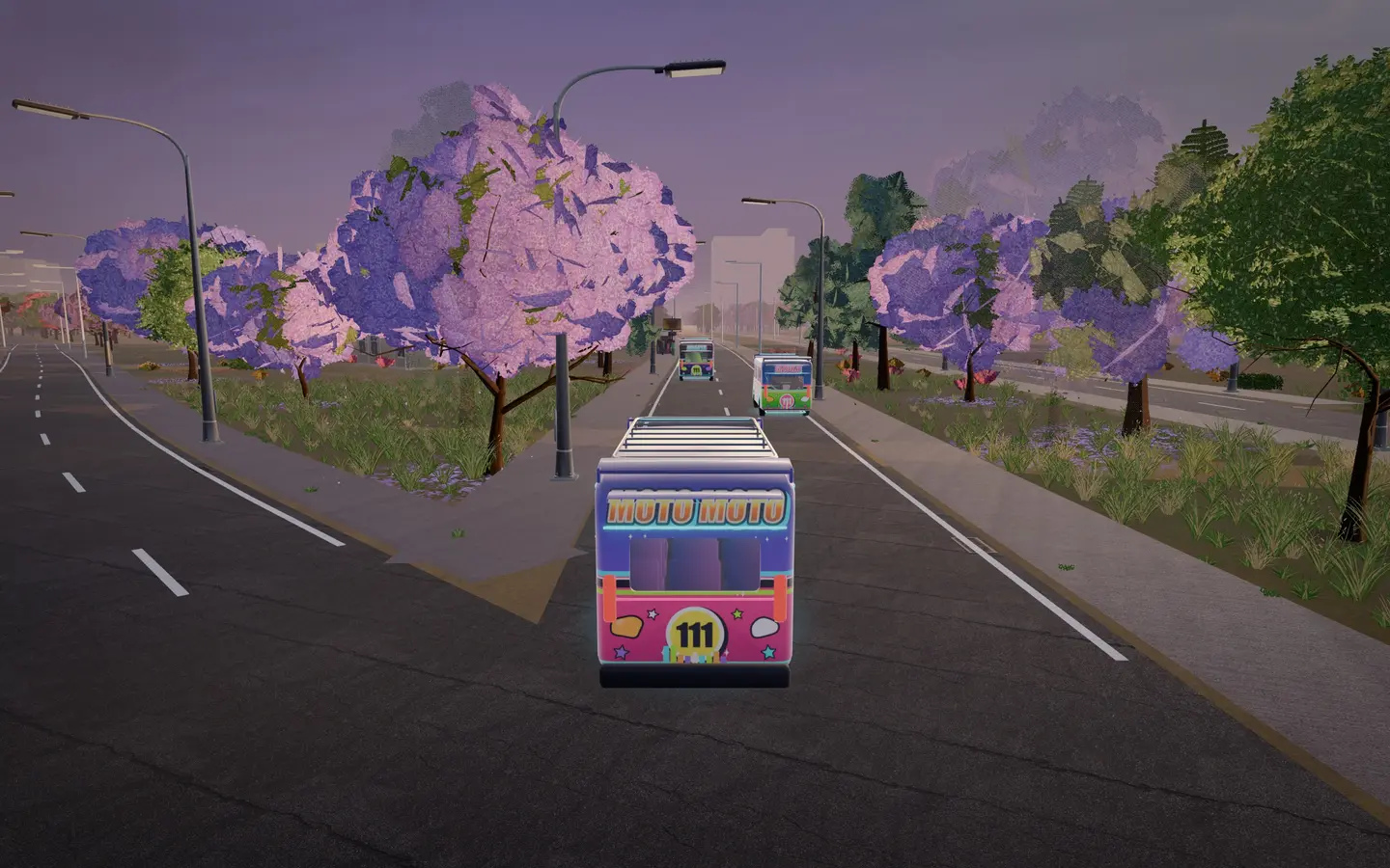 A decorated matatu racing down a wide Nairobi road lined with purple jacaranda trees, rival matatus visible ahead.